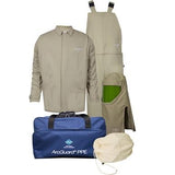 The NSA Arc 40 ArcGuard Economy Kit includes beige protective clothing, such as a jacket and overalls, along with a face shield that features a green interior for HRC Level 4 arc flash protection. Also included is a blue carrying bag labeled "ArcGuard PPE." Please note that the kit does not include gloves.