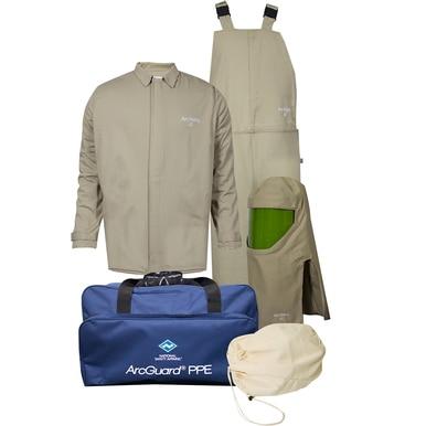 The NSA Arc 40 ArcGuard Economy Kit provides comprehensive arc flash protection, featuring HRC Level 4 clothing and gear. It includes a beige jacket, overalls, a face shield with hood, and all items are conveniently packed in a blue "ArcGuard PPE" carry bag. Please note that gloves are not included in this kit.