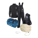 Introducing the NSA HRC 4 Kit Arc 40 Indura UltraSoft (No Gloves), a complete PPE solution by NSA. This kit includes arc flash clothing: a black jacket, overalls, and a hood with a visor, alongside safety glasses. It comes with both a blue carrying bag and a white drawstring bag. Each item showcases the logo on a white background.