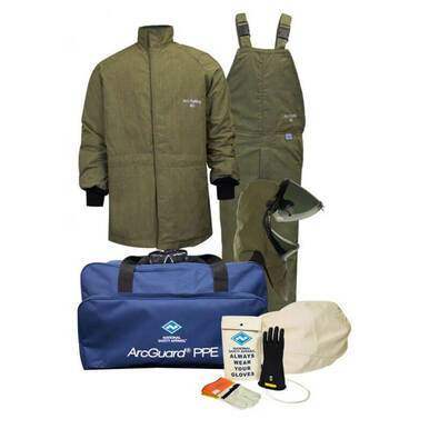 The NSA 40Cal ArcGuard RevoLite ArcFlash Kit with Gloves includes a green coat, overalls, face shield, gloves, and safety goggles, all stored in the "ArcGuard PPE" bag. This ensemble features RevoLite technology for lightweight protection and comes with an instruction booklet.