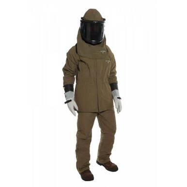 A person is wearing the NSA 40Cal ArcGuard RevoLite ArcFlash Kit with Gloves, which includes a full-body protective brown suit and a helmet with a dark visor. Their ensemble is completed with white gloves and brown boots, standing against a plain white background.