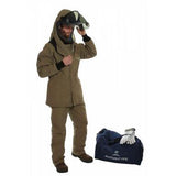 Dressed in protective gear, an individual adjusts their helmet while standing beside a blue bag marked "NSA 40Cal ArcGuard RevoLite ArcFlash Kit with Gloves." This kit includes a hooded jacket, pants, and boots designed for safety in hazardous environments.