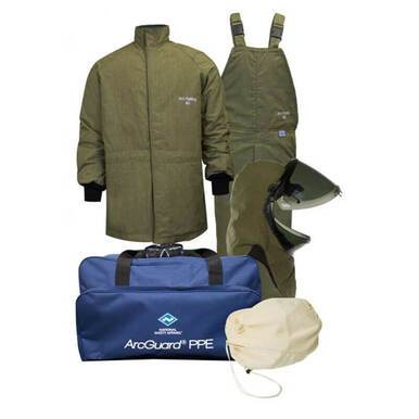 The NSA 40Cal ArcGuard RevoLite ArcFlash Kit includes a RevoLite olive green jacket, overalls, a Lift Front Hood face shield, gloves, and a protective hood. All components are neatly organized in a blue carrying bag labeled "ArcGuard PPE.