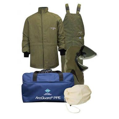 The NSA 40Cal ArcGuard RevoLite ArcFlash Kit, available in green, contains a jacket, overalls, gloves, and a carrying bag labeled "ArcGuard PPE." It features a Lift Front Hood for easy use and includes the RevoLite face shield for superior protection while maintaining comfort and visibility.