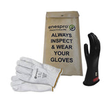 The personal protective equipment set comprises a pair of electrically tested white gloves, an individual black glove on a stand, and a beige bag marked "enespro Mission Critical PPE." Make sure to inspect and wear your NSA Class 0 ArcGuard Rubber Voltage Glove Kit.