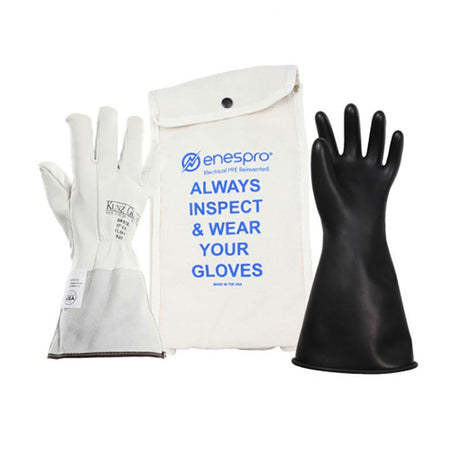 A pair of white leather gloves, an NSA AG SAFETY Class 0 Rubber Voltage Glove Kit in black with a 14-inch length, and a beige pouch featuring blue text that reads "ALWAYS INSPECT & WEAR YOUR GLOVES.