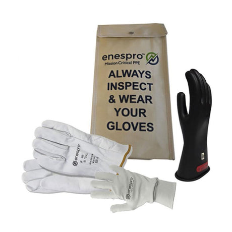 The NSA Class 0 ArcGuard Rubber Voltage Glove Premium Kit features a set of PPE gloves, including an insulated black glove and two protective white gloves. Accompanying them is a beige bag displaying the message "ALWAYS INSPECT & WEAR YOUR GLOVES" alongside the "NSA Mission Critical PPE" brand logo, providing you with essential safety equipment.