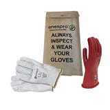 The NSA Class 0 ArcGuard Rubber Voltage Glove Kit is shown alongside a protective bag labeled "ALWAYS INSPECT & WEAR YOUR GLOVES." The set features one white pair and one single red glove, both of which are electrically tested for mission-critical personal protective equipment.