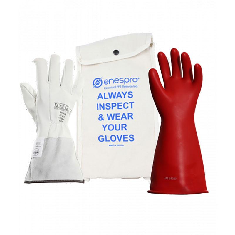 A pair of white electrical safety gloves is placed next to a red NSA AG SAFETY Class 0 Rubber Voltage Glove, measuring 14 inches. A white pouch with blue text advises, "ALWAYS INSPECT & WEAR YOUR GLOVES," featuring a logo that underscores the importance of safety for electrical work, particularly when using Class 0 Gloves from NSA.