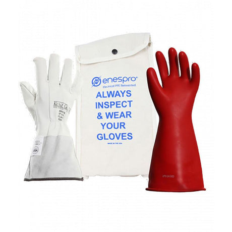 A pair of white electrical safety gloves is placed next to a red NSA AG SAFETY Class 0 Rubber Voltage Glove, measuring 14 inches. A white pouch with blue text advises, "ALWAYS INSPECT & WEAR YOUR GLOVES," featuring a logo that underscores the importance of safety for electrical work, particularly when using Class 0 Gloves from NSA.