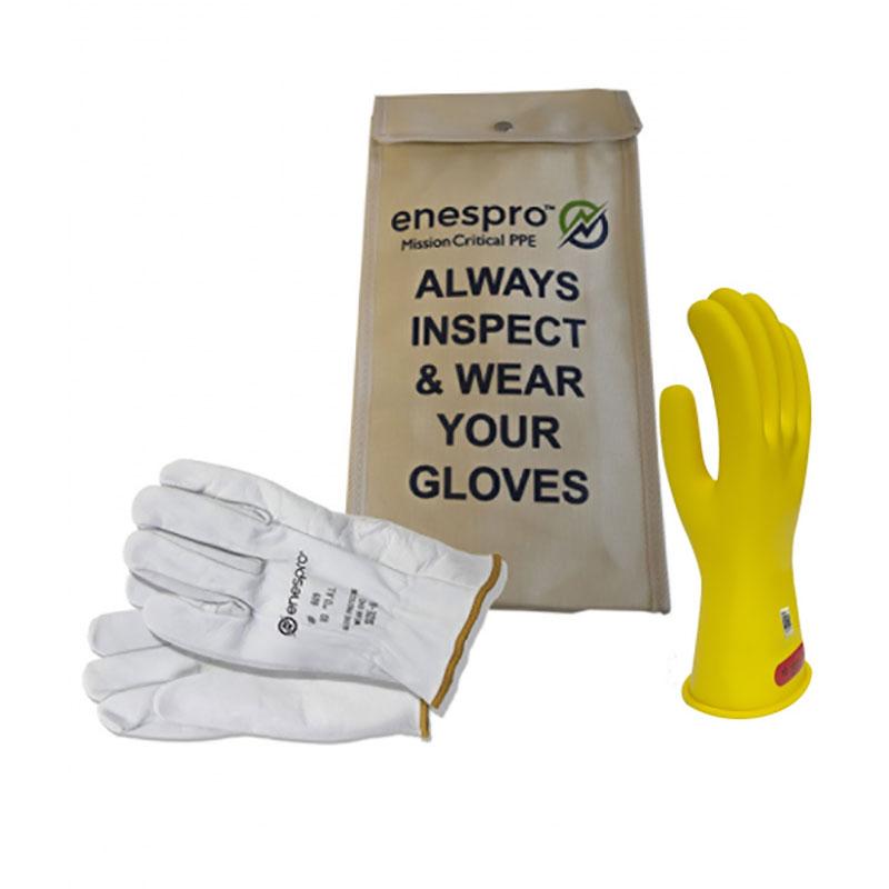 Displayed next to a beige bag featuring the Enespro logo and the text "ALWAYS INSPECT & WEAR YOUR GLOVES," this NSA Class 0 ArcGuard Rubber Voltage Glove Kit includes a pair of white protective gloves along with a single yellow glove, offering enhanced safety with electrically tested equipment.