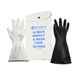 A 14" NSA AG SAFETY Class 0 Rubber Voltage Glove Kit, featuring durable white leather gloves and black rubber voltage gloves, comes with a white bag adorned with blue text stating, "ALWAYS INSPECT & WEAR YOUR GLOVES - enespro Electrical PPE Reinvented." Perfect for anyone requiring dependable Class 0 Gloves protection.