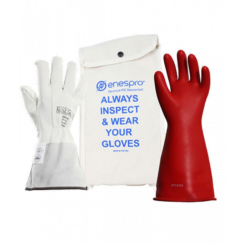 Displayed against a white background are a pair of white gloves, the NSA AG SAFETY Class 0 Rubber Voltage Glove Kit in red, and a white pouch with blue text that reads "ENESPRO ALWAYS INSPECT & WEAR YOUR GLOVES.