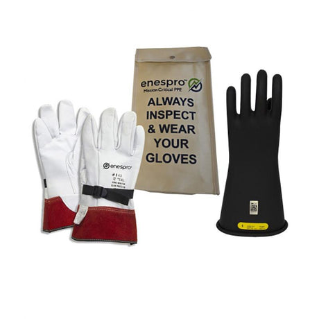 The NSA Class 2 ArcGuard Rubber Voltage Glove Kit KITGC2 includes insulated white leather gloves with red cuffs, a black rubber glove, and a clear plastic bag that reminds you to "Always Inspect & Wear Your Gloves," all prominently featuring the NSA branding. These gloves offer exceptional safety and protection.