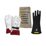 A pair of white and red NSA Class 2 ArcGuard Rubber Voltage Gloves is placed beside a black insulating glove. Behind them, a beige bag bears the inscription "enespro Mission Critical PPE ALWAYS INSPECT & WEAR YOUR GLOVES," highlighting the significance of these NSA Voltage Gloves.