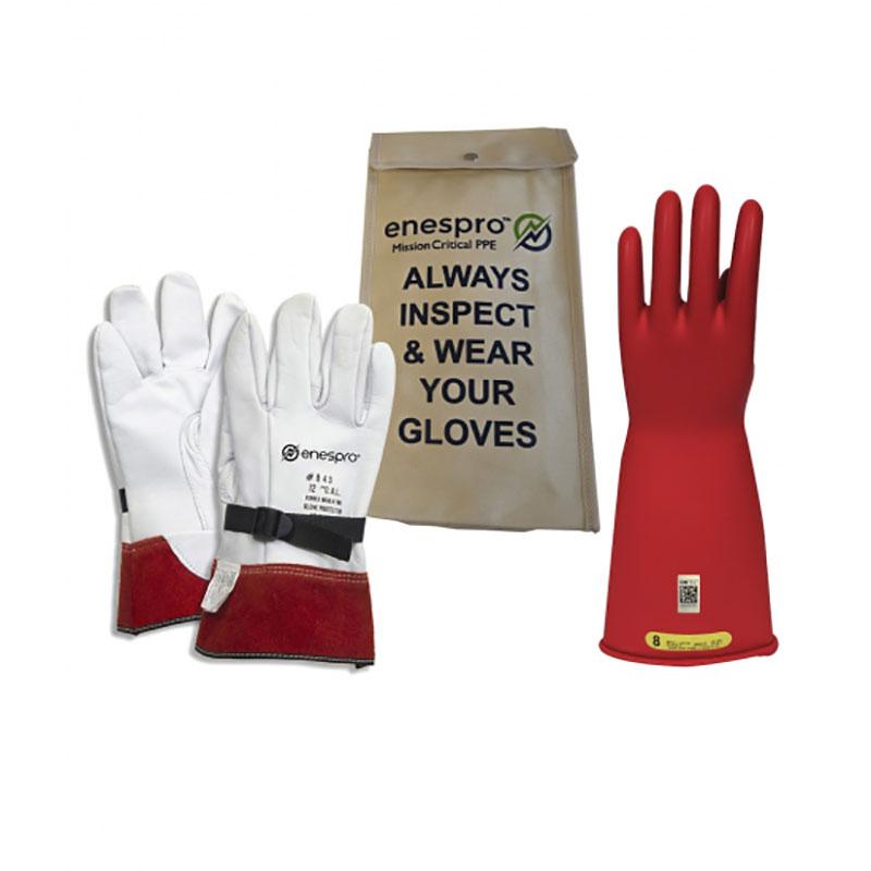 The NSA Class 2 ArcGuard Rubber Voltage Glove Kit KITGC2 includes Class 2 protective gear: a pair of white and red leather gloves, one red rubber glove, and a beige bag with the safety message "ALWAYS INSPECT & WEAR YOUR GLOVES" prominently displayed.