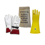 Displayed is the NSA Class 2 ArcGuard Rubber Voltage Glove Kit KITGC2, featuring ArcGuard white leather gloves with red cuffs and yellow rubber Class 2 voltage gloves. Behind them, there's a transparent bag with the text "Always Inspect & Wear Your Gloves.