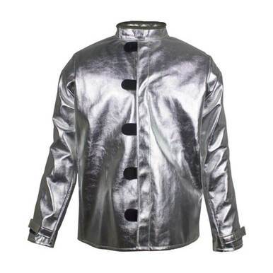 Displayed from the back, this NSA CARBON ARMOUR SILVERS H5 Protective Jacket features an industrial design with a metallic silver finish that reflects light. It has long sleeves, black buttons, and provides excellent protection for handling molten metal.