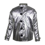 A metallic jacket from the back, featuring a silver color with black buttons and long sleeves. The NSA CARBON ARMOUR SILVERS H5 Protective Jacket, crafted from aluminized ripstop material, boasts a shiny finish and a high collar for a futuristic appearance while providing radiant heat protection.