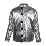 The NSA CARBON ARMOUR SILVERS H5 Protective Jacket - 30 in, designed by NSA, is a silver metallic piece with long sleeves and black button details. It is highlighted from the back to emphasize its shiny texture, featuring an aluminized OPF blend for radiant heat protection.