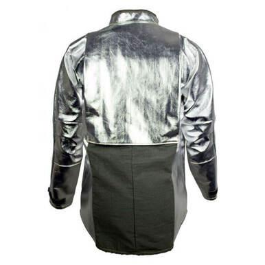 From the back, the NSA Carbon Armour Silvers H5 Protective Jacket - 30 in by NSA showcases a shiny silver metallic upper section paired with a dark green fabric lower section. Complete with long sleeves and a collar, this jacket provides radiant heat protection through its advanced aluminized OPF blend.