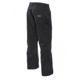 Viewed from the back, the NSA DRIFIRE FR Dungarees in navy exemplify durable workwear. They are equipped with multiple pockets, including two large side pockets and a buttoned flap pocket on one leg. Designed for demanding environments, these pants offer both functionality and safety as flame-resistant clothing.