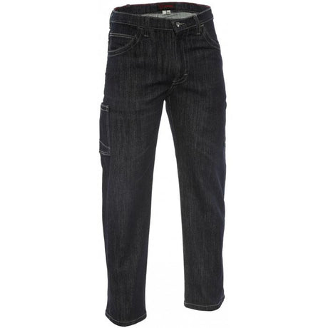 The NSA TECGEN FR Taproom Jeans PNTD6JTR, offered by NSA, are designed with a relaxed fit and made from Inherent FR Stretch Denim to ensure arc flash compliance. They include multiple pockets for convenience, such as a side pocket on the right leg, and feature a zipper fly with a button closure for easy wear.