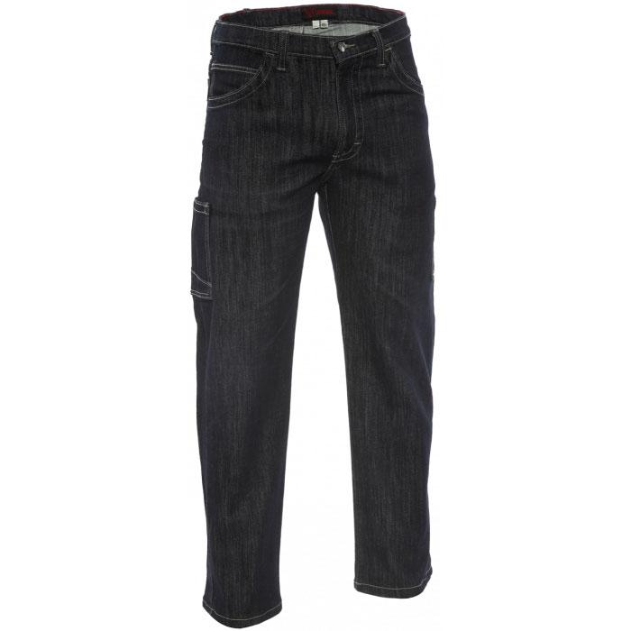 The NSA TECGEN FR Taproom Jeans PNTD6JTR, made from inherent FR stretch denim, feature straight legs and multiple pockets, including a side pocket on the right leg. These dark blue jeans come with belt loops and a button closure, offering both style and arc flash compliance.