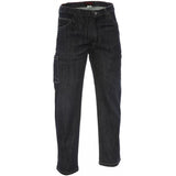 The NSA TECGEN FR Taproom Jeans PNTD6JTR by NSA are black denim jeans with a straight-leg fit crafted from Inherent FR Stretch Denim. These Arc Flash Compliant jeans come with multiple pockets, including a side cargo pocket, and feature detailed stitching on the seams. The waistband includes belt loops, all shown against a white background.