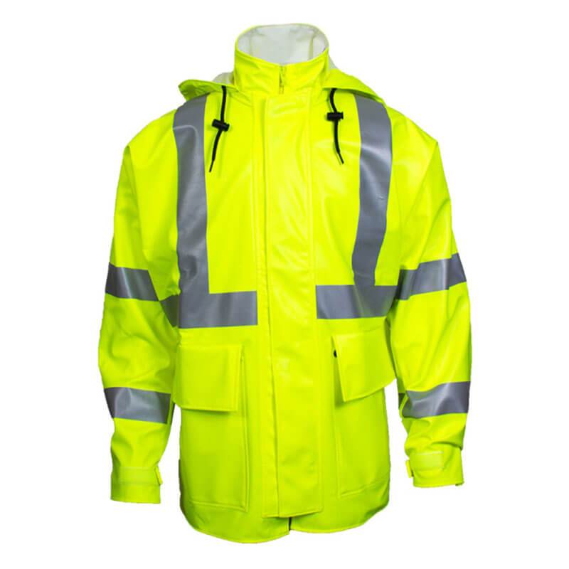 The NSA Arc H2O FR Hi-Vis Rain Jacket Class 3 R30RL06_ _ is showcased in a vibrant yellow color, accented with reflective gray stripes. This jacket is designed for safety in low-light conditions with features like a hood, zipper front, and multiple pockets. Crafted from FR Cotton and boasting an Arc Rating of 9.8 cal/cm², it offers both excellent visibility and robust protection.