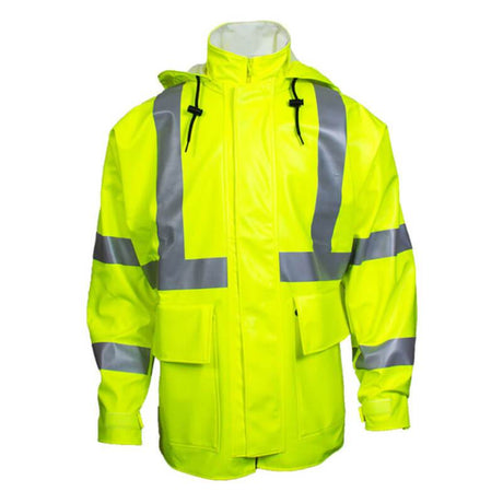 The NSA Arc H2O FR Hi-Vis Rain Jacket Class 3 R30RL06_ _ in bright yellow is equipped with reflective gray stripes and includes a front zipper, two large pockets, and an adjustable hood with drawstrings. Crafted from FR Cotton, it provides exceptional visibility and safety in low-light environments with an Arc Rating of 9.8 cal/cm².