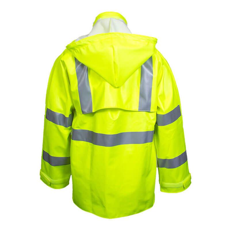 The NSA Arc H2O FR Hi-Vis Rain Jacket Class 3 R30RL06, offered by NSA, is a bright yellow safety jacket featuring reflective silver stripes on the shoulders, arms, and waist. Designed for protection with its FR Cotton construction, it includes a hood and has an Arc Rating of 9.8 cal/cm² when viewed from the back.