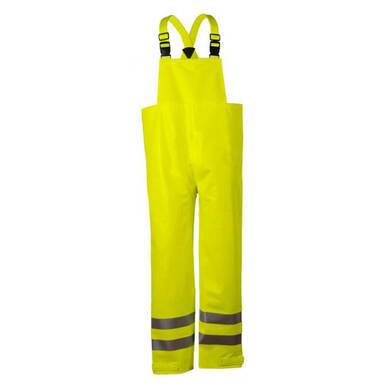 NSA Arc H2O FR Hi-Vis Rain Bib Overall - Class E R40RL14, a product by NSA, comes in bright yellow and features adjustable shoulder straps. Made from PU coated FR cotton, these waterproof overalls include reflective stripes around the lower legs for enhanced visibility and an arc rating for superior safety.