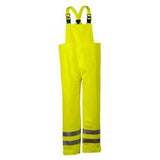 The NSA Arc H2O FR Hi-Vis Rain Bib Overall - Class E R40RL14 in bright yellow comes with reflective stripes on the legs for enhanced visibility and protection. Designed by NSA, these overalls are made from PU coated FR cotton and include an arc rating for safety, adjustable shoulder straps, and a high waist to ensure comprehensive coverage in challenging work settings.