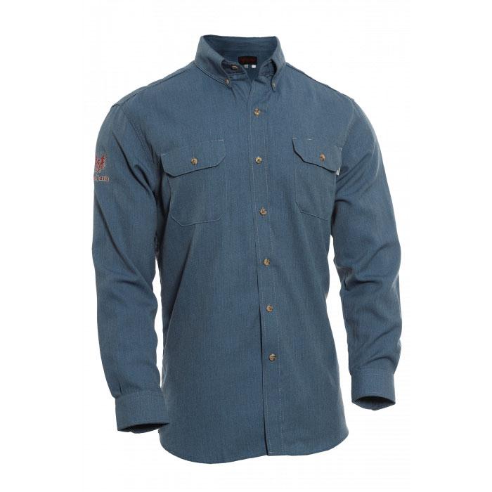 The NSA DRIFIRE FR Vented Work Shirt is a blue, long-sleeved button-up shirt featuring two chest pockets and buttoned cuffs. It's NFPA 70E certified for safety, with a logo on the left sleeve and flame-resistant fabric for enhanced protection.