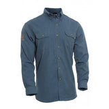 The NSA DRIFIRE FR Vented Work Shirt, in a flame-resistant denim design, features long sleeves, two chest pockets, and buttoned cuffs. Its deep blue color is complemented by a small embroidered logo on the left sleeve. This shirt is NFPA 70E compliant, offering both protection and style.