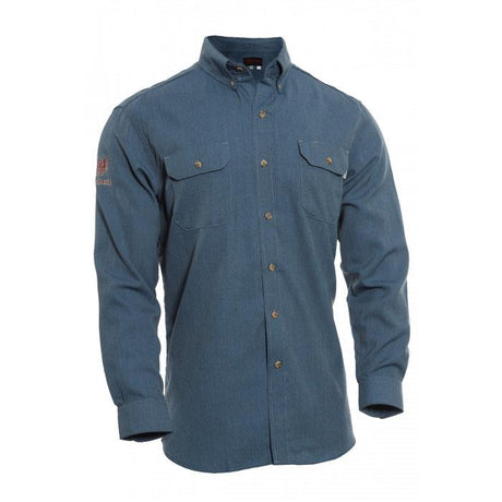 Introducing the NSA DRIFIRE FR Vented Work Shirt: a flame-resistant, blue, long-sleeve shirt designed with two chest pockets and buttoned cuffs. It features textured fabric and a small logo on the upper left sleeve, meeting NFPA 70E standards for safety.