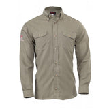 The NSA DRIFIRE FR Vented Work Shirt, brought to you by NSA, is a flame-resistant button-up shirt in olive green. It features long sleeves, two chest pockets, and buttoned cuffs. The embroidered text on the left sleeve and the buttoned collar make it an ideal choice for individuals who prioritize both style and safety in their workwear.