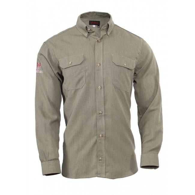 The sentence can be rewritten as: The NSA DRIFIRE FR Vented Work Shirt, a long-sleeved olive green button-up shirt, features NFPA 70E compliance, two chest pockets, a collar, and an embroidered logo on the left sleeve. It is showcased against a plain white background.