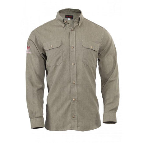 The NSA DRIFIRE FR Vented Work Shirt, a long-sleeve, olive-green button-up, is flame resistant and crafted with front chest pockets, buttoned flaps, and buttoned cuffs. It features a small embroidered logo on the upper sleeve and meets NFPA 70E safety standards for stylish utility.