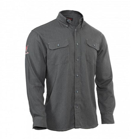 The NSA DRIFIRE FR Vented Work Shirt is a grey button-up with a collar and long sleeves. It includes two buttoned chest pockets, a logo on the left sleeve, and meets NFPA 70E standards. The fabric is designed to be sturdy, durable, and flame-resistant.