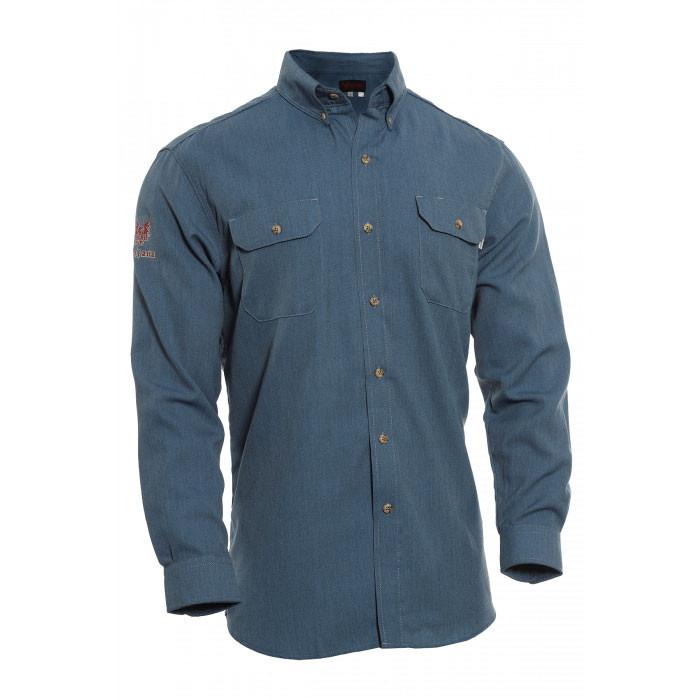 The NSA DRIFIRE FR Vented Work Shirt is a flame-resistant, long-sleeve blue button-down featuring two chest pockets and buttons. It comes with an embroidered logo on the upper sleeve and is designed to NFPA 70E standards, incorporating a classic collar, buttoned cuffs, and vented sections for enhanced comfort and safety.