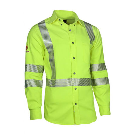 Introducing the NSA DRIFIRE FR Hi-Vis Work Shirt, a vibrant yellow long-sleeve design featuring reflective silver stripes across the chest, back, and arms. Part of our Hi-Vis workwear collection, this shirt includes a collar, front buttons, and a convenient pocket on the left side—perfect for enhancing safety and style while on the job.