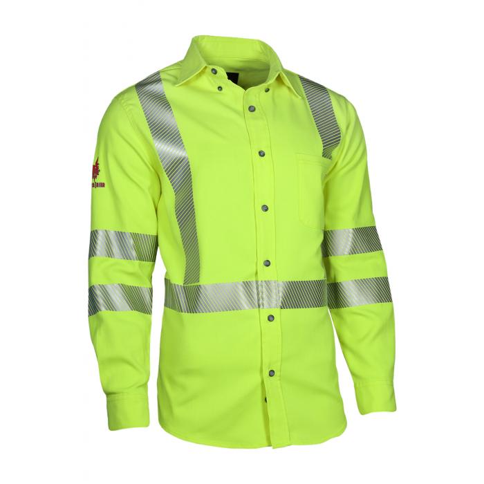 The NSA DRIFIRE FR Hi-Vis Work Shirt SHRTV3C3_ _ _ _ is a bright yellow shirt designed for safety in high-risk environments, featuring reflective silver stripes on the chest, back, and sleeves. It includes a buttoned front and collar, with a left chest pocket and a logo on the right sleeve.