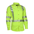 Introducing the NSA DRIFIRE FR Hi-Vis Work Shirt, a safety workwear piece in bright yellow featuring reflective silver stripes across the chest and arms. This long-sleeve shirt offers both visibility and arc flash protection with its flame-resistant button-up front and a pocket on the left side of the chest.