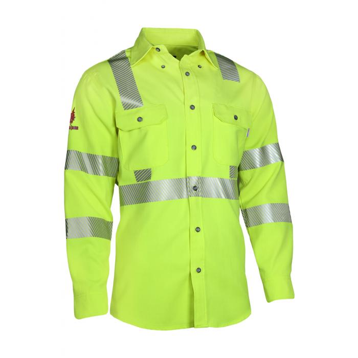 The NSA DRIFIRE FR Premium Hi-Vis Vented Shirt (Model SHRTVTGVC3) in bright yellow is constructed with flame-resistant materials and adorned with silver reflective stripes across the chest, arms, and waist. It features buttoned cuffs, a collar, two chest pockets with flaps, and incorporates breathable vent technology to ensure enhanced comfort and safety.