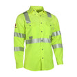 The NSA DRIFIRE FR Premium Hi-Vis Vented Shirt SHRTVTGVC3 in fluorescent yellow is designed with gray reflective stripes on the sleeves, chest, and waist. It features a button-down front and pockets, and is equipped with Breathable Vent Technology for enhanced comfort.