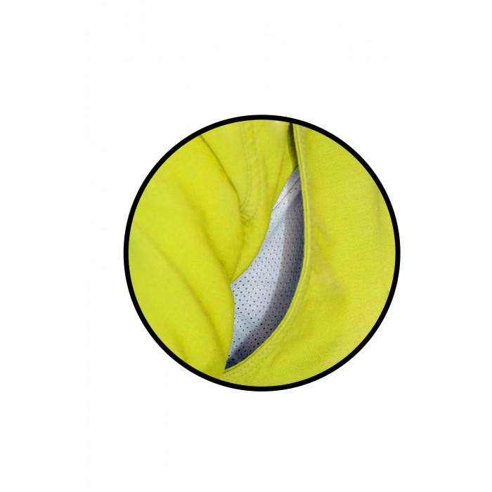 Close-up image of the NSA DRIFIRE FR Premium Hi-Vis Vented Shirt SHRTVTGVC3 in bright yellow, showcasing the inner lining detail. The inside material, featuring breathable vent technology, is made from a lighter, textured fabric visible in a circular frame highlighting the shirt's construction.