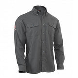 Introducing the NSA DRIFIRE FR Vented Work Shirt: a dark gray, flame-resistant long-sleeved button-up shirt that features two chest pockets with buttoned flaps. The design includes a button-down collar and displays a small logo on the left sleeve. Engineered to comply with NFPA 70E standards, this shirt is set against a crisp white background for an eye-catching look.