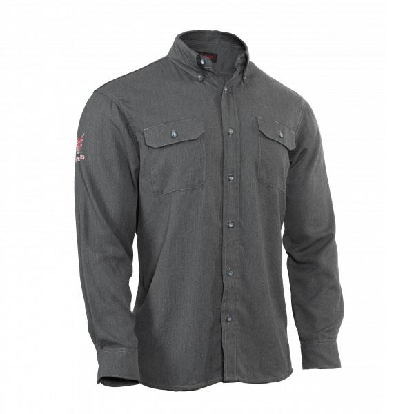 The NSA DRIFIRE FR Vented Work Shirt is a flame-resistant, dark gray button-up featuring long sleeves and a pointed collar. It includes two chest pockets and an embroidered logo on the left sleeve. The shirt's buttoned cuffs contribute to its casual yet classic design.